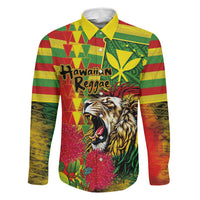 Hawaiian Reggae Family Matching Off Shoulder Short Dress and Hawaiian Shirt Kakau Art Motifs with Ohia Lehua and Rastafari Lion LT03 Dad's Shirt - Long Sleeve Multicolor - Polynesian Pride