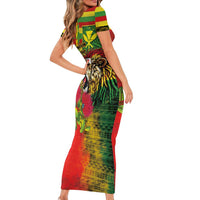 Hawaiian Reggae Family Matching Short Sleeve Bodycon Dress and Hawaiian Shirt Kakau Art Motifs with Ohia Lehua and Rastafari Lion - Polynesian Pride