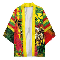 Hawaiian Reggae Kimono Kakau Art Motifs with Ohia Lehua and Rastafari Lion LT03 Unisex Multicolor - Polynesian Pride