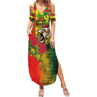 Hawaiian Reggae Summer Maxi Dress Kakau Art Motifs with Ohia Lehua and Rastafari Lion - Polynesian Pride