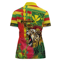Hawaiian Reggae Women Polo Shirt Kakau Art Motifs with Ohia Lehua and Rastafari Lion - Polynesian Pride