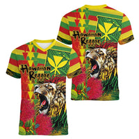 Hawaiian Reggae Women V-Neck T-Shirt Kakau Art Motifs with Ohia Lehua and Rastafari Lion - Polynesian Pride