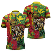 Hawaiian Reggae Zipper Polo Shirt Kakau Art Motifs with Ohia Lehua and Rastafari Lion - Polynesian Pride