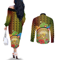 Hawaii Womens Day Wahine Couples Matching Off The Shoulder Long Sleeve Dress and Long Sleeve Button Shirt Strong Beautiful Woman with Kakau Style LT03 - Polynesian Pride