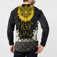Flores de Mayo and Filipino Fiesta Button Sweatshirt The Sun-Jasmine and Polynesian Yakan Tattoo Barong Style