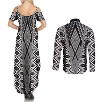 Aotearoa Tukutuku and Poutama Motif Classic Couples Matching Summer Maxi Dress and Long Sleeve Button Shirt