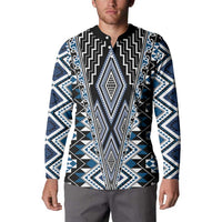 Blue Aotearoa Tukutuku and Poutama Motif Button Sweatshirt