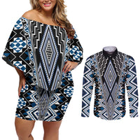 Blue Aotearoa Tukutuku and Poutama Motif Couples Matching Off Shoulder Short Dress and Long Sleeve Button Shirt