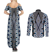 Blue Aotearoa Tukutuku and Poutama Motif Couples Matching Summer Maxi Dress and Long Sleeve Button Shirt