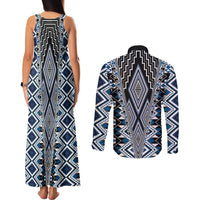 Blue Aotearoa Tukutuku and Poutama Motif Couples Matching Tank Maxi Dress and Long Sleeve Button Shirt