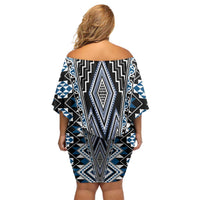 Blue Aotearoa Tukutuku and Poutama Motif Family Matching Off Shoulder Short Dress and Hawaiian Shirt