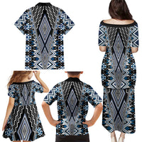 Blue Aotearoa Tukutuku and Poutama Motif Family Matching Puletasi and Hawaiian Shirt