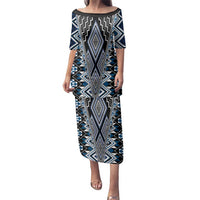 Blue Aotearoa Tukutuku and Poutama Motif Family Matching Puletasi and Hawaiian Shirt