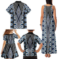 Blue Aotearoa Tukutuku and Poutama Motif Family Matching Tank Maxi Dress and Hawaiian Shirt