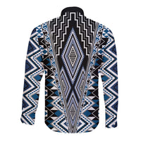 Blue Aotearoa Tukutuku and Poutama Motif Long Sleeve Button Shirt