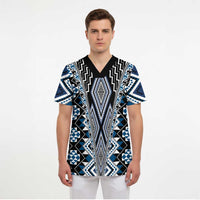 Blue Aotearoa Tukutuku and Poutama Motif Scrub Top - Polynesian Pride