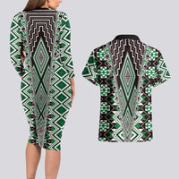 Green Aotearoa Tukutuku and Poutama Motif Couples Matching Long Sleeve Bodycon Dress and Hawaiian Shirt