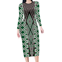 Green Aotearoa Tukutuku and Poutama Motif Family Matching Long Sleeve Bodycon Dress and Hawaiian Shirt