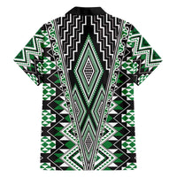 Green Aotearoa Tukutuku and Poutama Motif Family Matching Off The Shoulder Long Sleeve Dress and Hawaiian Shirt