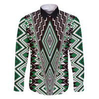 Green Aotearoa Tukutuku and Poutama Motif Family Matching Off The Shoulder Long Sleeve Dress and Hawaiian Shirt