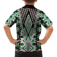 Green Aotearoa Tukutuku and Poutama Motif Family Matching Short Sleeve Bodycon Dress and Hawaiian Shirt