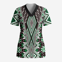 Green Aotearoa Tukutuku and Poutama Motif Scrub Top - Polynesian Pride