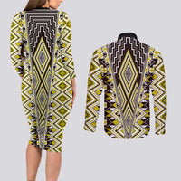 Yellow Aotearoa Tukutuku and Poutama Motif Couples Matching Long Sleeve Bodycon Dress and Long Sleeve Button Shirt