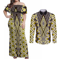 Yellow Aotearoa Tukutuku and Poutama Motif Couples Matching Off Shoulder Maxi Dress and Long Sleeve Button Shirt