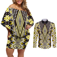 Yellow Aotearoa Tukutuku and Poutama Motif Couples Matching Off Shoulder Short Dress and Long Sleeve Button Shirt