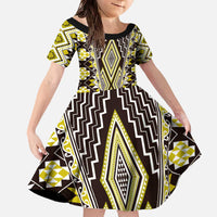 Yellow Aotearoa Tukutuku and Poutama Motif Family Matching Off The Shoulder Long Sleeve Dress and Hawaiian Shirt