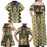 Yellow Aotearoa Tukutuku and Poutama Motif Family Matching Off Shoulder Maxi Dress and Hawaiian Shirt
