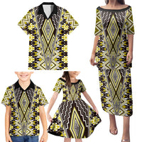 Yellow Aotearoa Tukutuku and Poutama Motif Family Matching Puletasi and Hawaiian Shirt