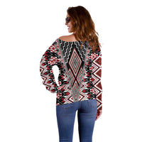 Red Aotearoa Tukutuku and Poutama Motif Off Shoulder Sweater