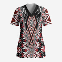 Red Aotearoa Tukutuku and Poutama Motif Scrub Top - Polynesian Pride
