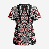 Red Aotearoa Tukutuku and Poutama Motif Scrub Top - Polynesian Pride