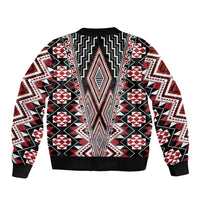 Red Aotearoa Tukutuku and Poutama Motif Sleeve Zip Bomber Jacket