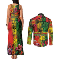 Hawaiian Reggae Couples Matching Tank Maxi Dress and Long Sleeve Button Shirt Tropical Plants and Tribal Kakau Tattoo-One Love Jawaiian