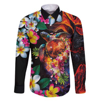 Hawaiian Lei Day Family Matching Off The Shoulder Long Sleeve Dress and Hawaiian Shirt Colorful Plumeria and Volcanic Turtle with Abstract Lava Texture