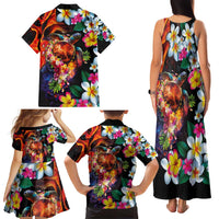 Hawaiian Lei Day Family Matching Tank Maxi Dress and Hawaiian Shirt Colorful Plumeria and Volcanic Turtle with Abstract Lava Texture