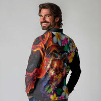 Hawaiian Lei Day Long Sleeve Polo Shirt Colorful Plumeria and Volcanic Turtle with Abstract Lava Texture