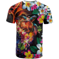 Hawaiian Lei Day T Shirt Colorful Plumeria and Volcanic Turtle with Abstract Lava Texture