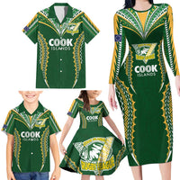 Custom Cook Islands Rugby League Family Matching Long Sleeve Bodycon Dress and Hawaiian Shirt Tatau Tribal Pattern-Special Edition Green Color