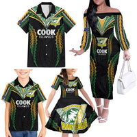 Custom Cook Islands Rugby League Family Matching Off The Shoulder Long Sleeve Dress and Hawaiian Shirt Tatau Tribal Pattern-Special Edition Black Color