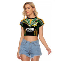 Custom Cook Islands Rugby League Raglan Cropped T Shirt Tatau Tribal Pattern-Special Edition Black Color LT03 Female Green-Black - Polynesian Pride
