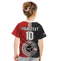 Custom Tonga and New Zealand Rugby Kid T Shirt Maori Mix Ngatu Pattern