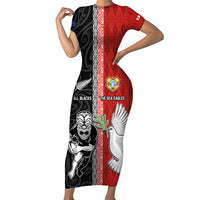 Custom Tonga and New Zealand Rugby Short Sleeve Bodycon Dress Maori Mix Ngatu Pattern LT03 Long Dress Black - Polynesian Pride