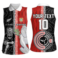 Custom Tonga and New Zealand Rugby Women Sleeveless Polo Shirt Maori Mix Ngatu Pattern