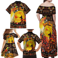 Personalized Australia and Papua New Guinea Together Family Matching Off Shoulder Maxi Dress and Hawaiian Shirt Kangaroo Aboriginal Art and Bird-of-paradise Oro Tribal Motifs - Polynesian Pride