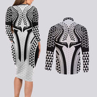 Hawaiian Kakau Art Tattoos Aquaman Style Couples Matching Long Sleeve Bodycon Dress and Long Sleeve Button Shirt White Version - Polynesian Pride