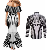 Hawaiian Kakau Art Tattoos Aquaman Style Couples Matching Mermaid Dress and Long Sleeve Button Shirt White Version - Polynesian Pride